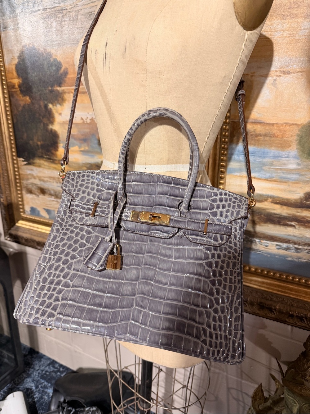 Croc-Embossed Gray Satchel with Gold Hardware